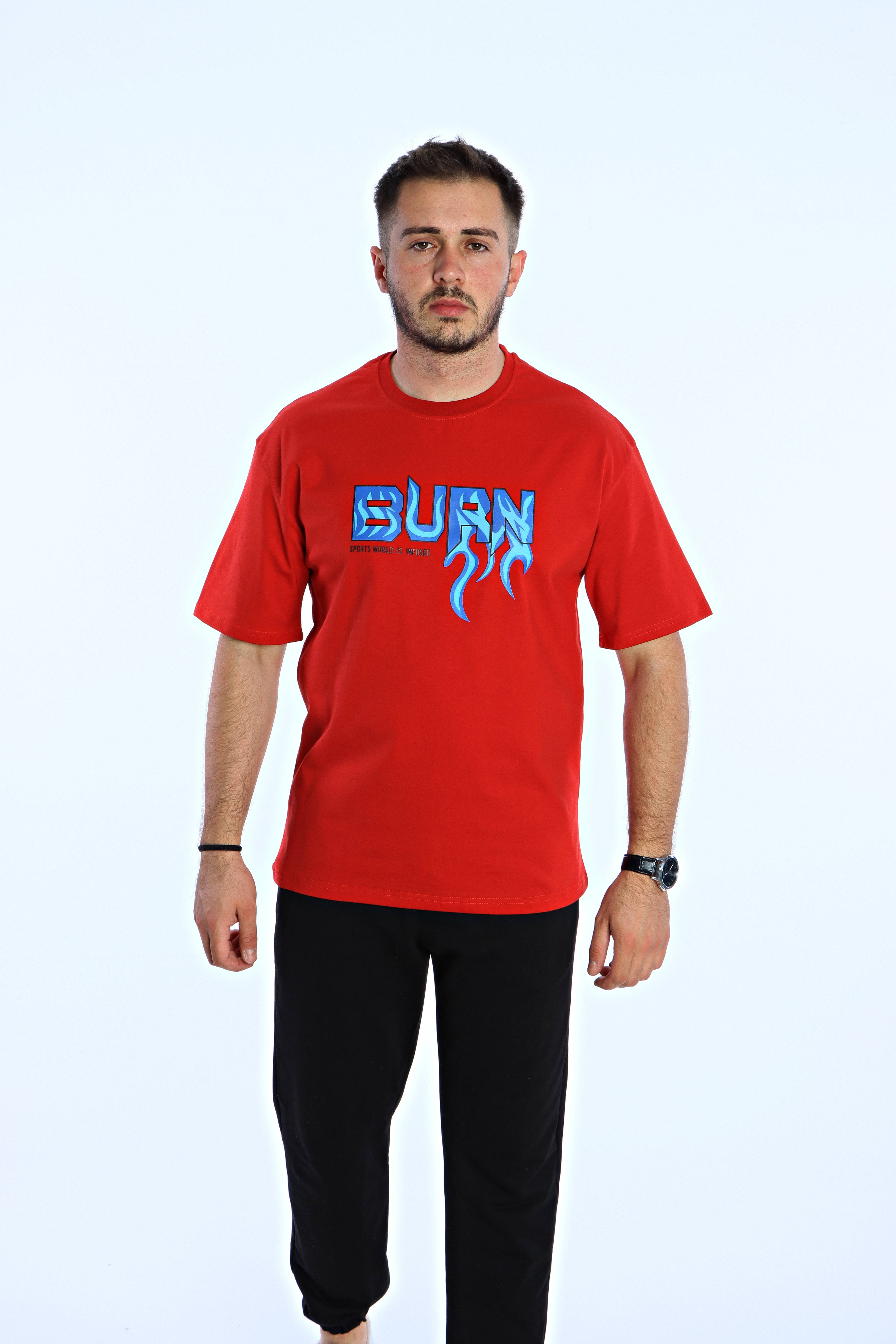 Burn Baskılı Oversize Tişört Kırmızı