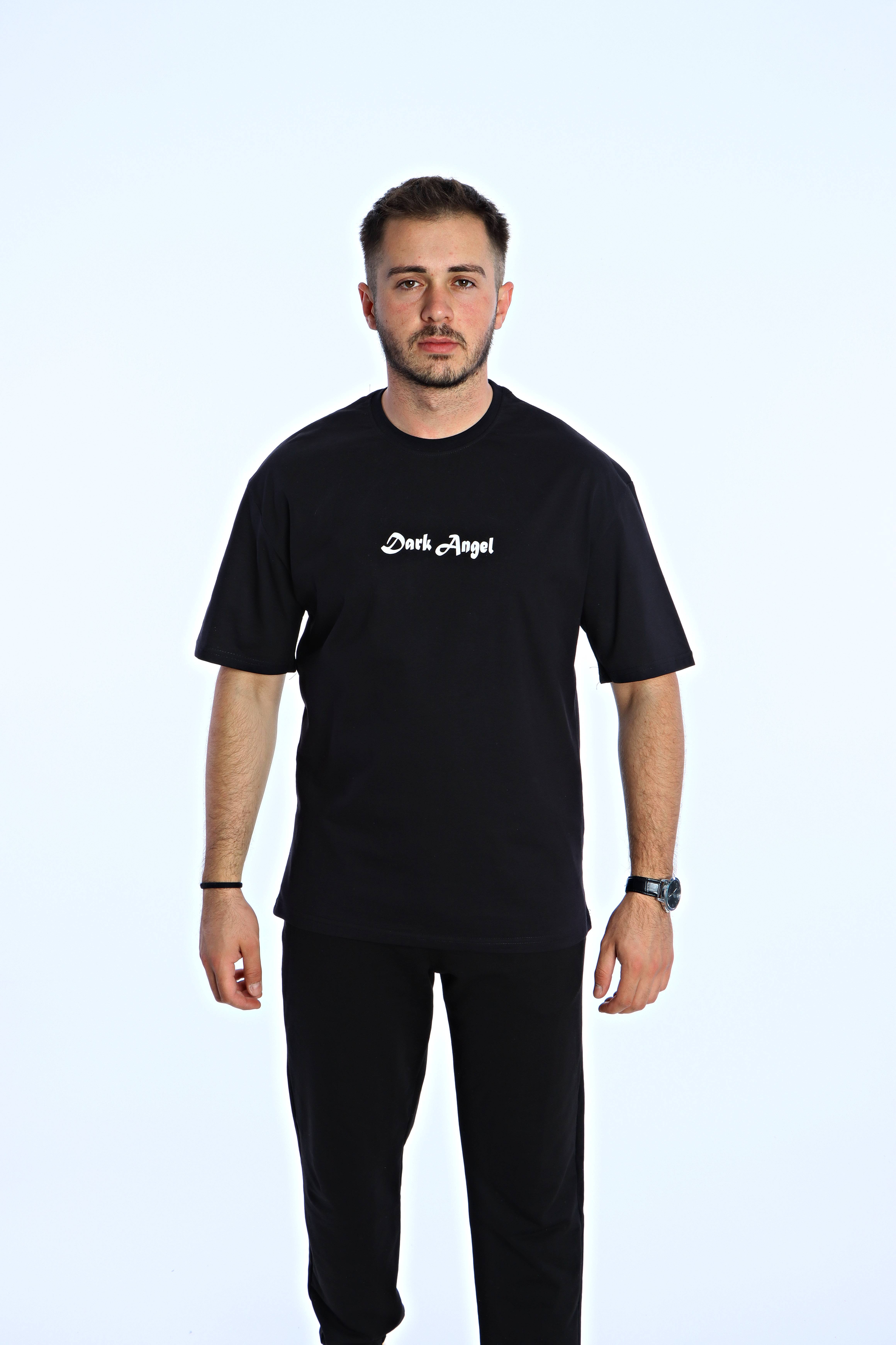 Dark Angel  Baskılı Oversize Tişört Siyah