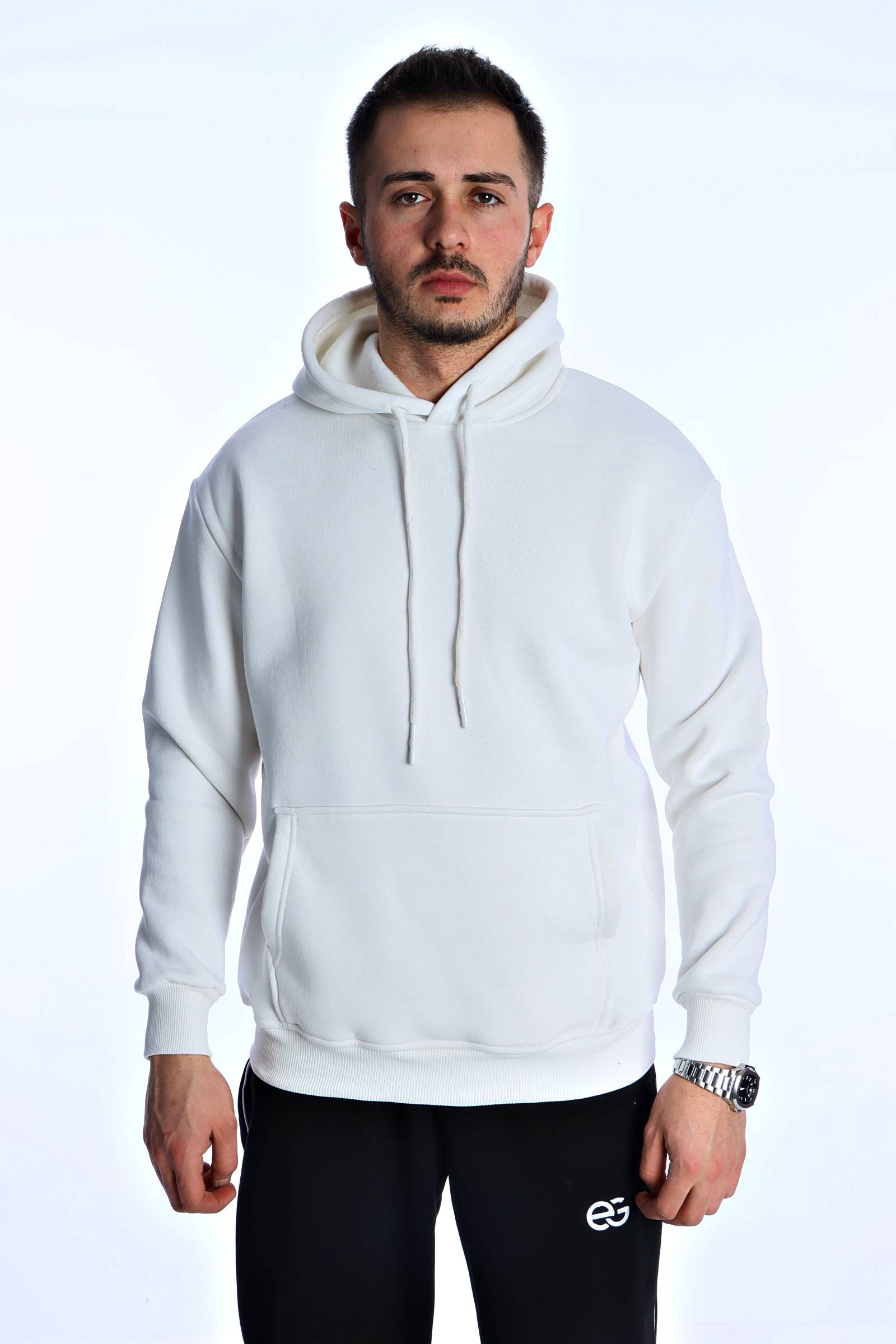 Eg38 Düz 3 İplik Kapşonlu Sweat 026 Beyaz