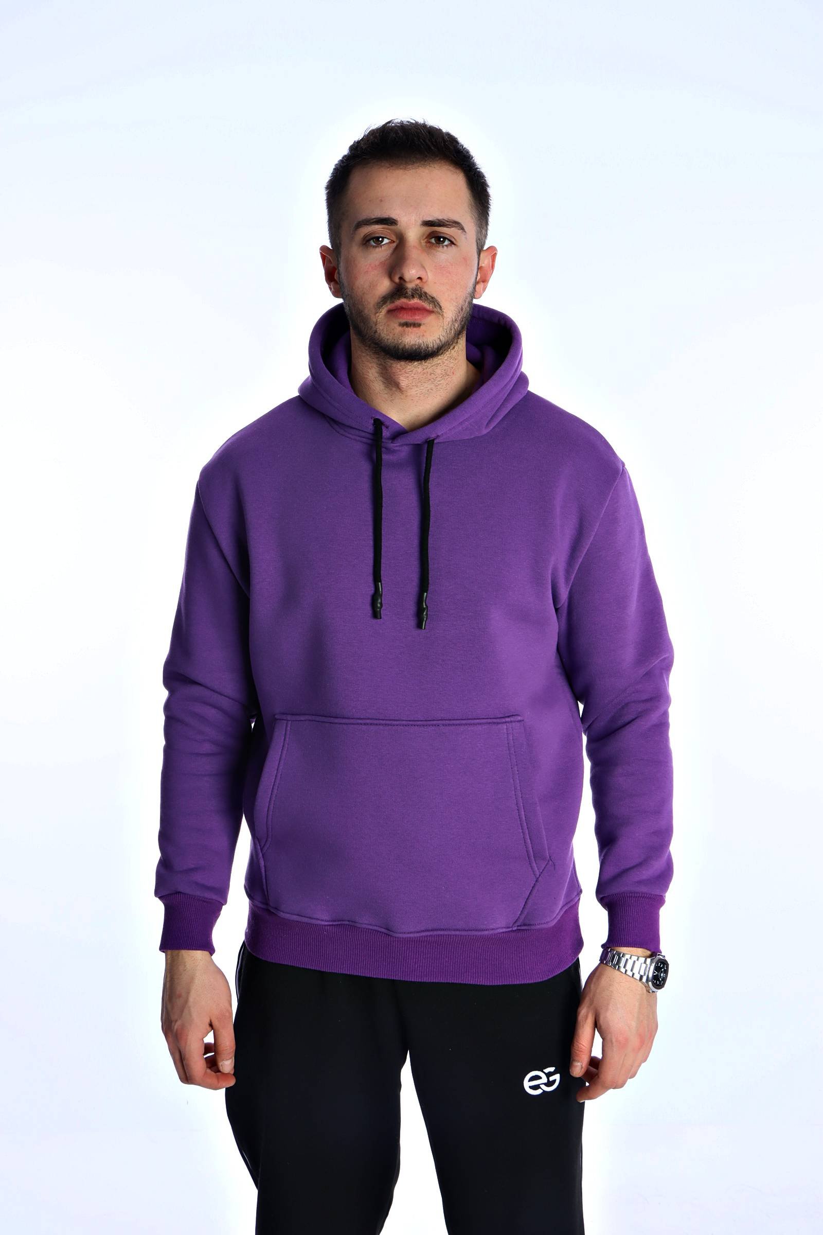 Eg38 Düz 3 İplik Kapşonlu Sweat 026 Mor