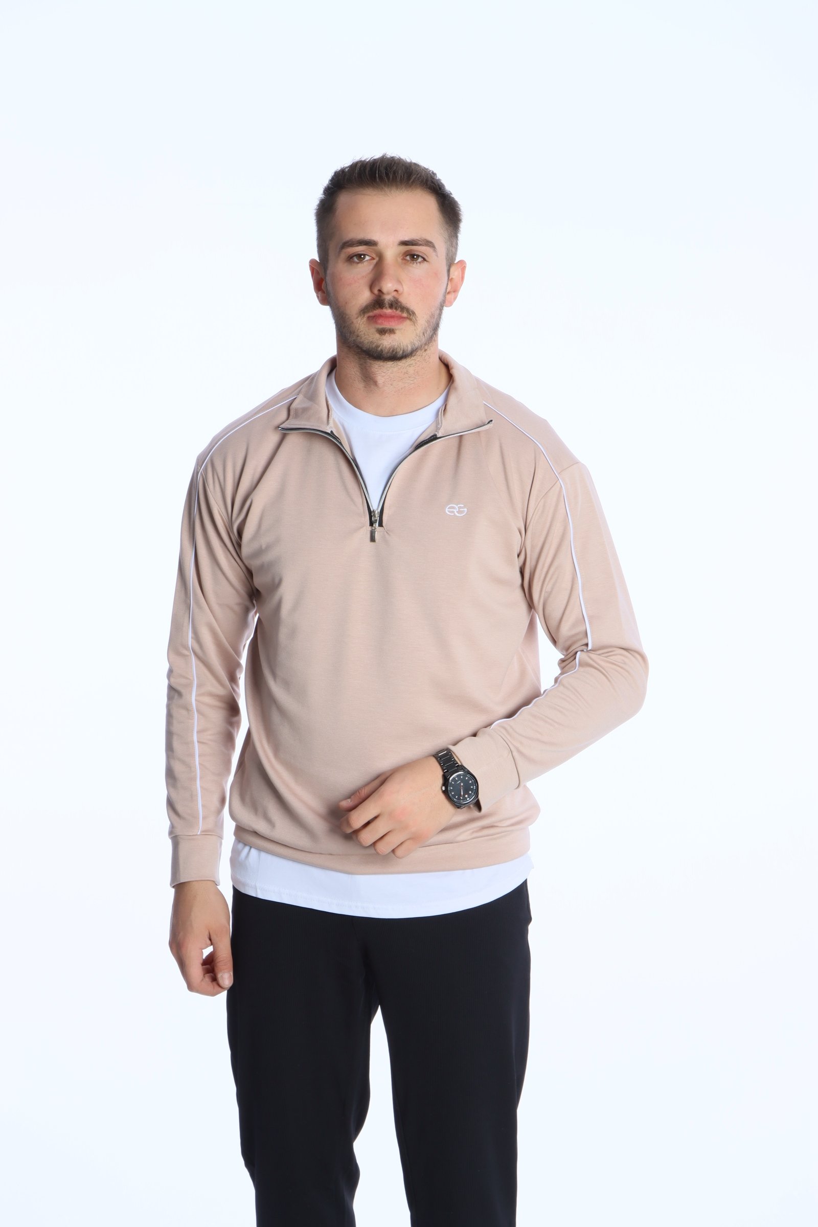 Eg38 Modal Yarım Fermuar Biyeli Sweat Bej