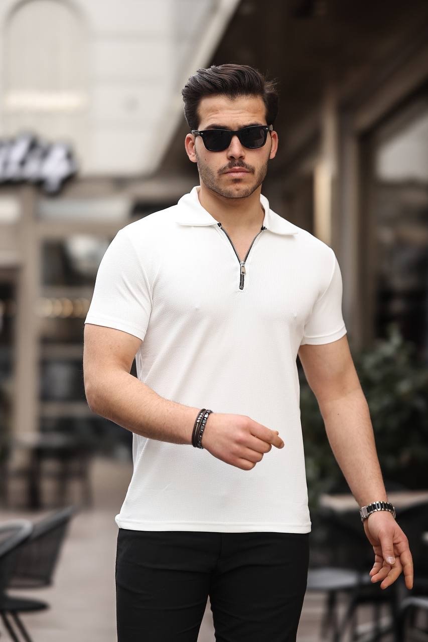 Eg38 Yarım Fermuar Polo Yaka Tşört Beyaz Beyaz