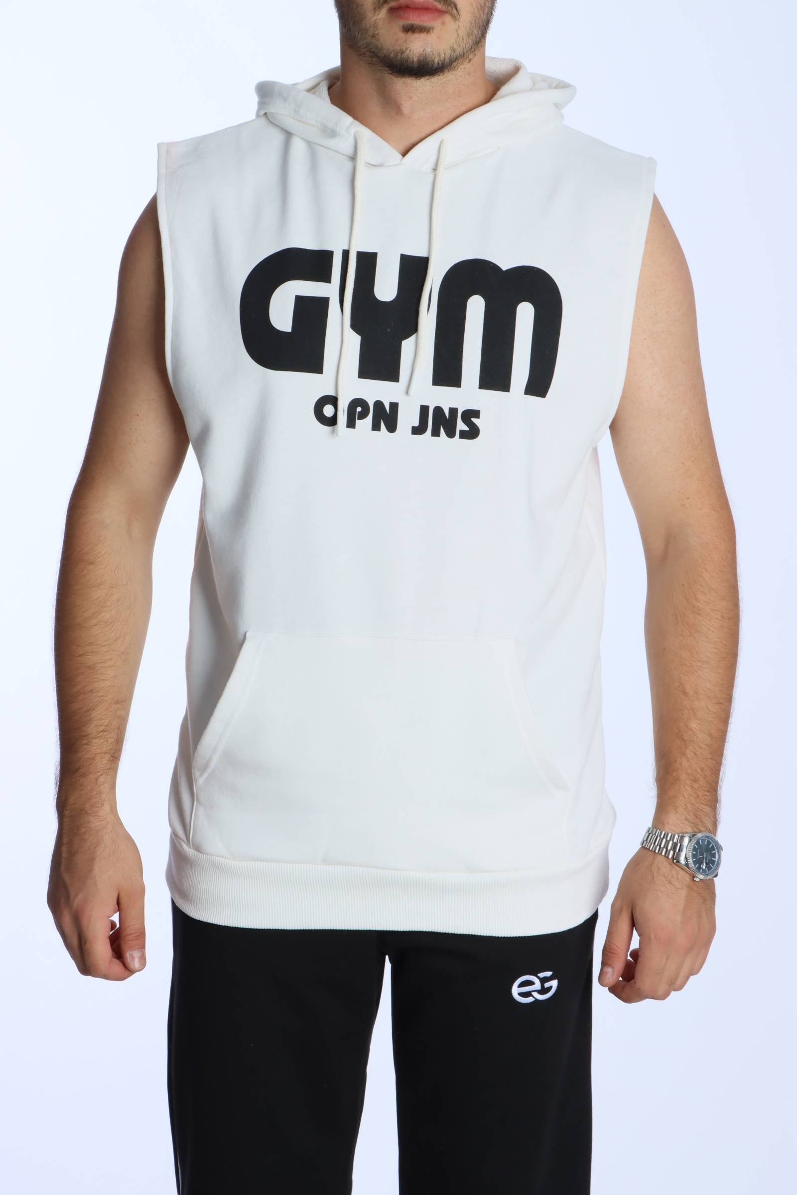 Kapşonlu Kolsuz Tişört Gym Beyaz