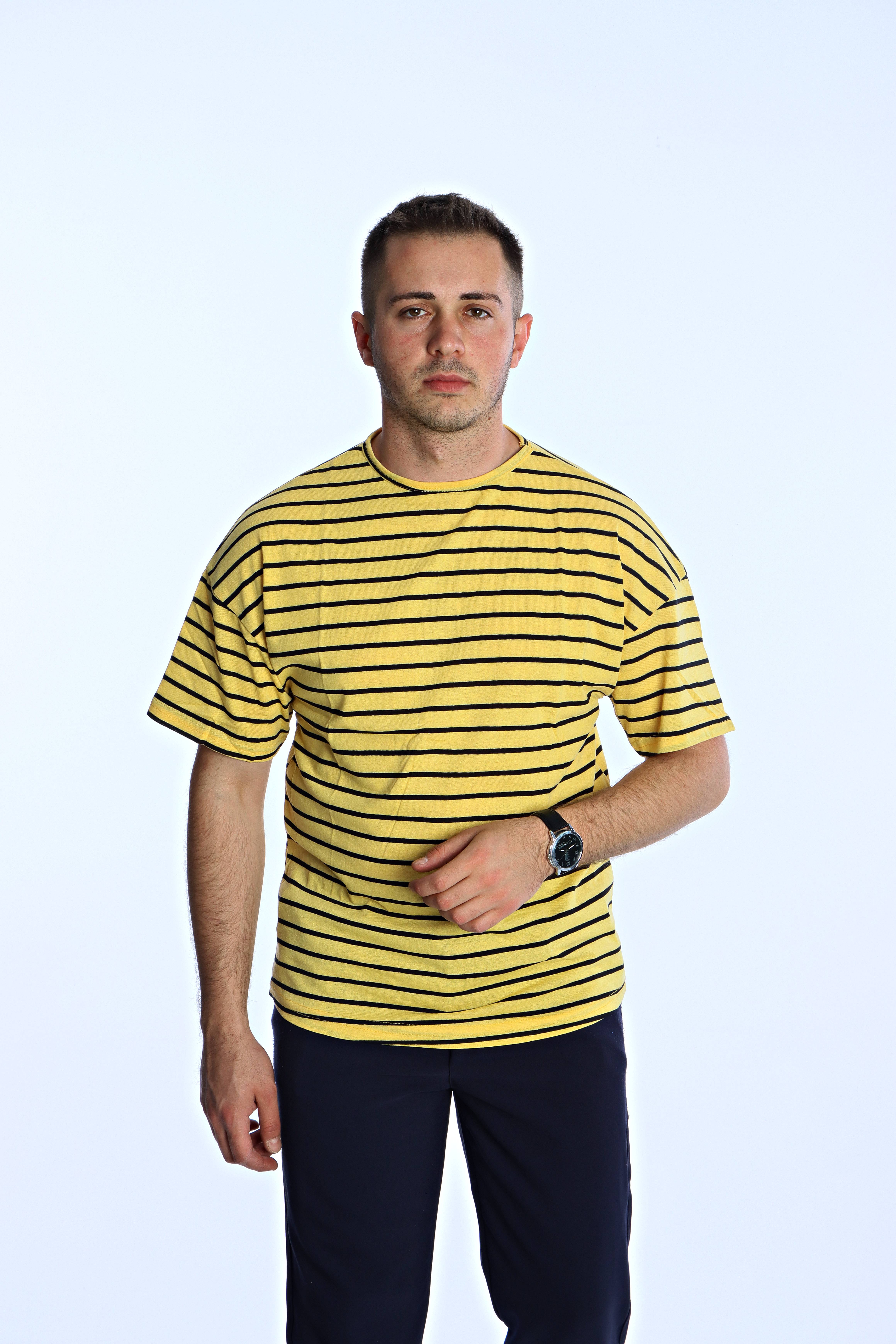 Kmp Çizgili Oversize Tişört Sarı