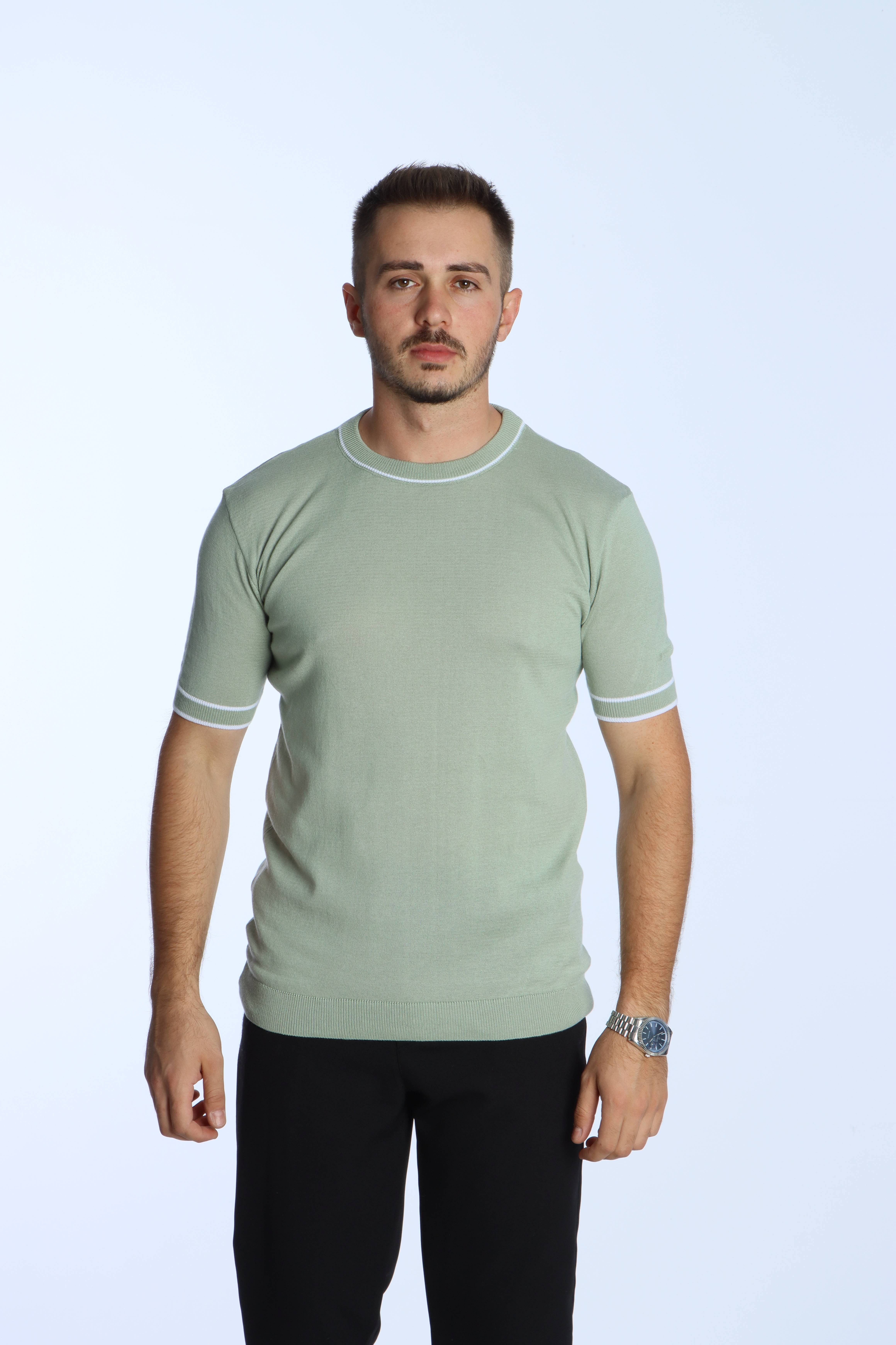 Marco Bisiklet Yaka Çizgili Triko Tshirt Mint Yeşili