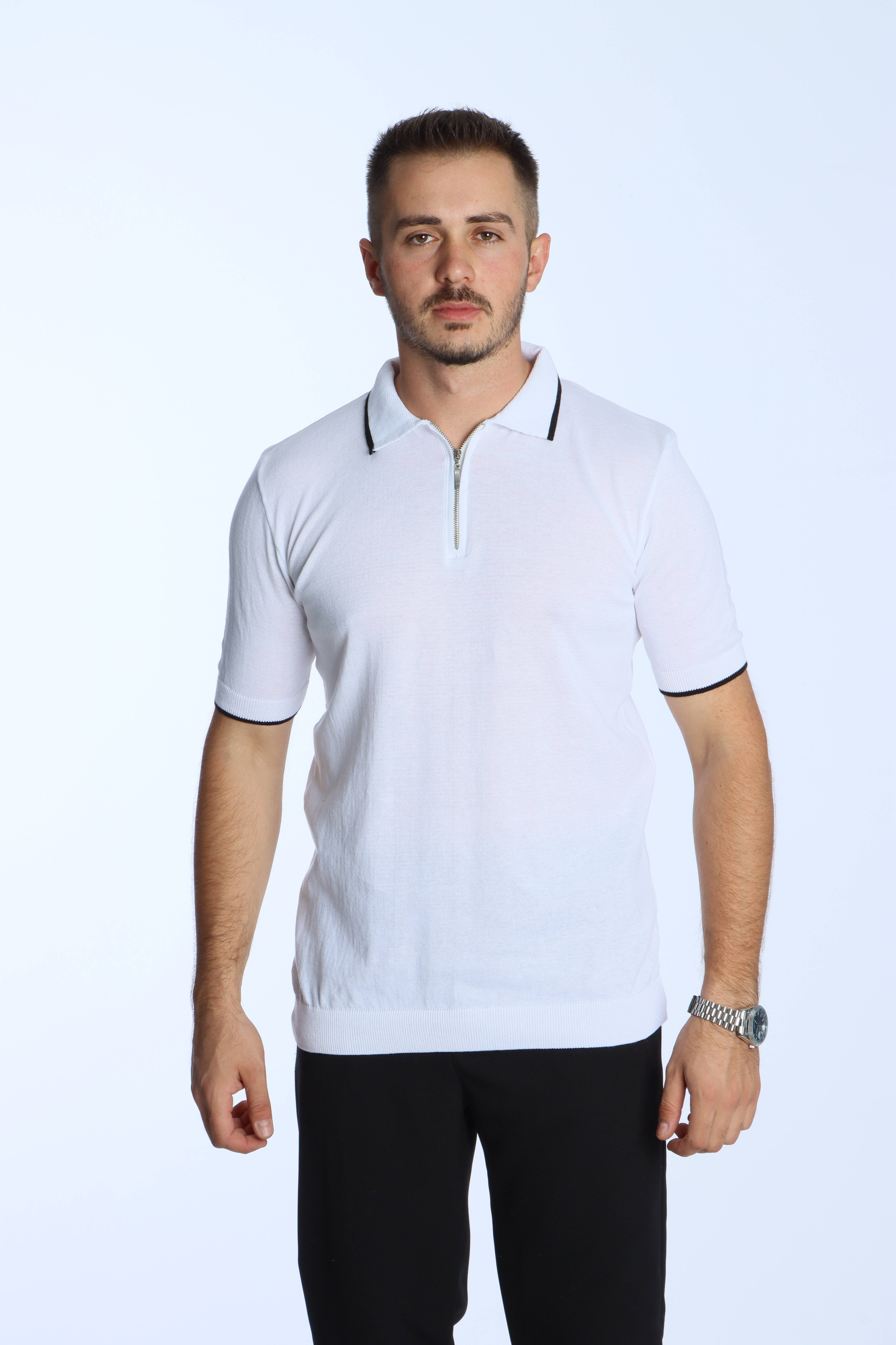 Marco Yakalı Fermuarlı Triko Tshirt Beyaz