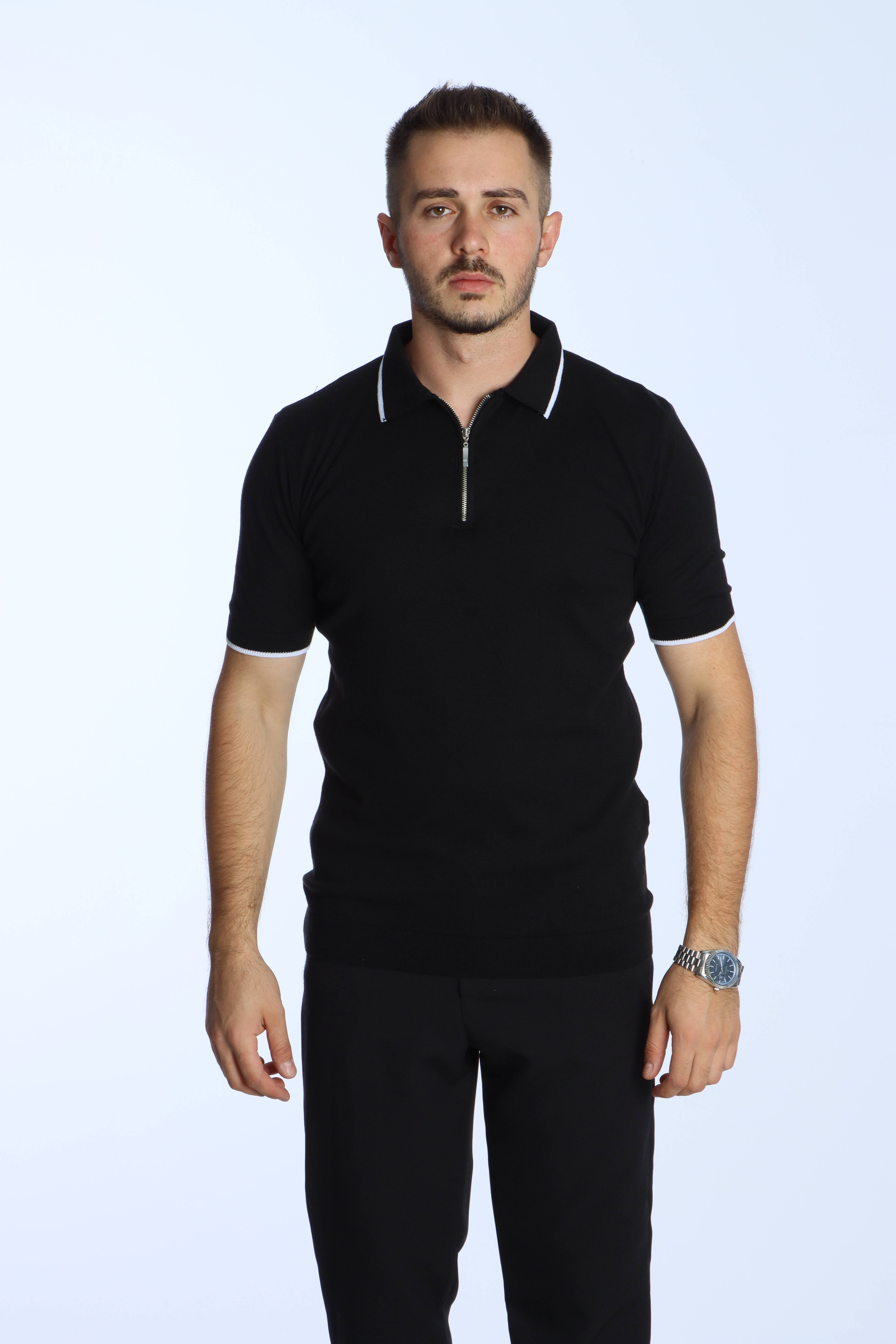 Marco Yakalı Fermuarlı Triko Tshirt Siyah