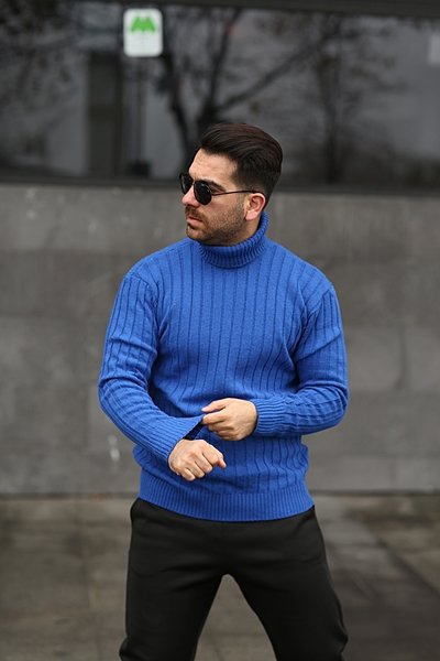 Tmb Boğazlı Triko Kazak Saks Mavi