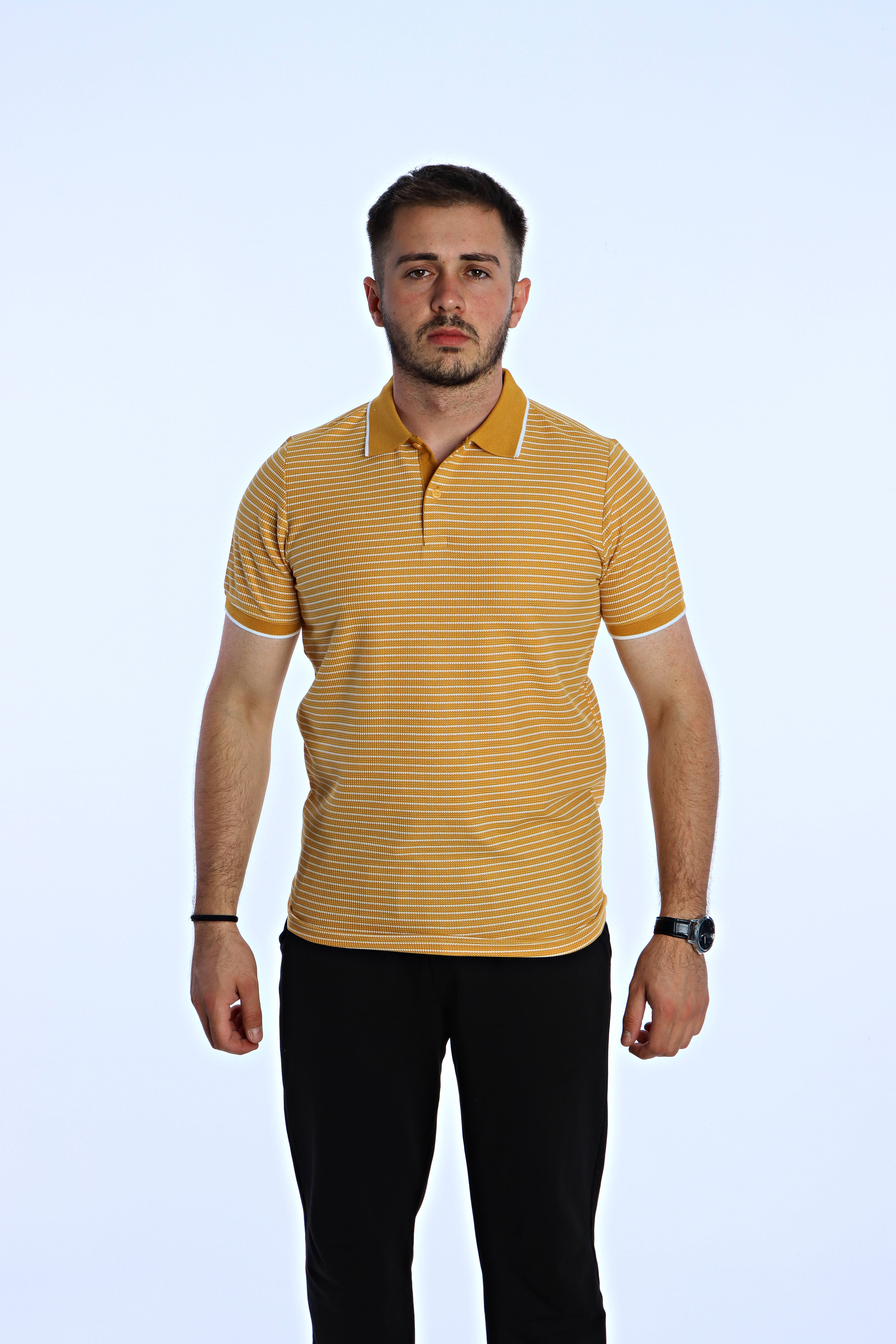 Use Club 1015 Çizgili Polo Yaka Tshirt Hardal Sarı