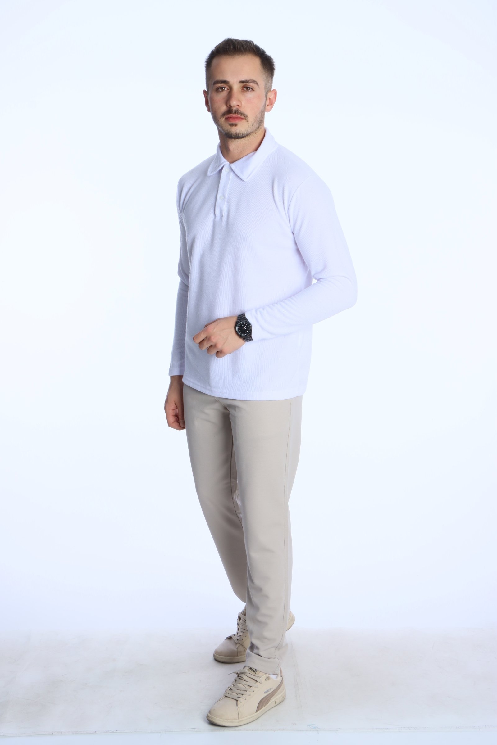 Yakalı Düğmeli Düz Selanik Sweat 026 Beyaz
