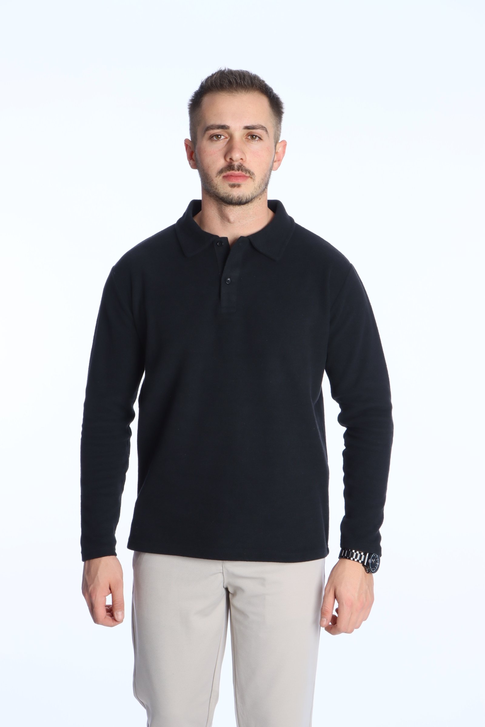 Yakalı Düğmeli Düz Selanik Sweat 026 Siyah