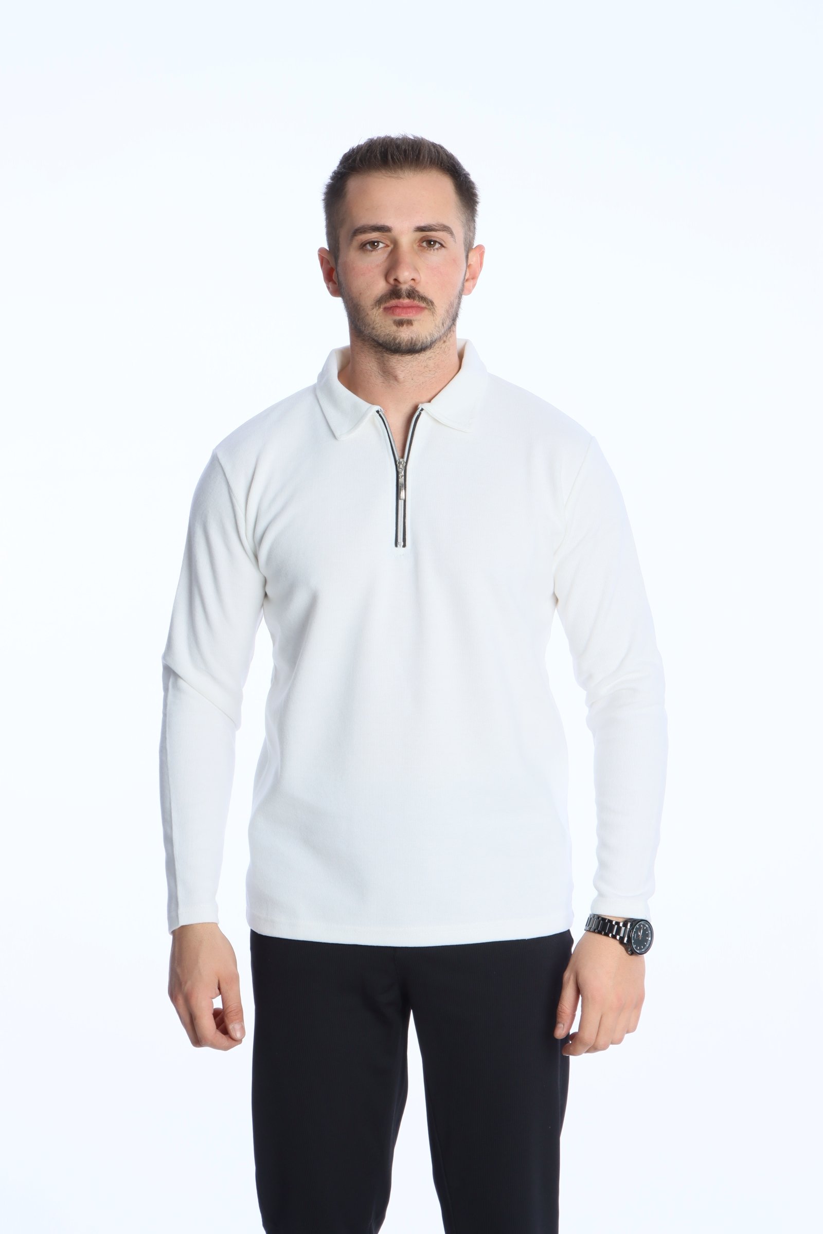 Yarım Fermuar Düz Selanik Sweat 026 Beyaz