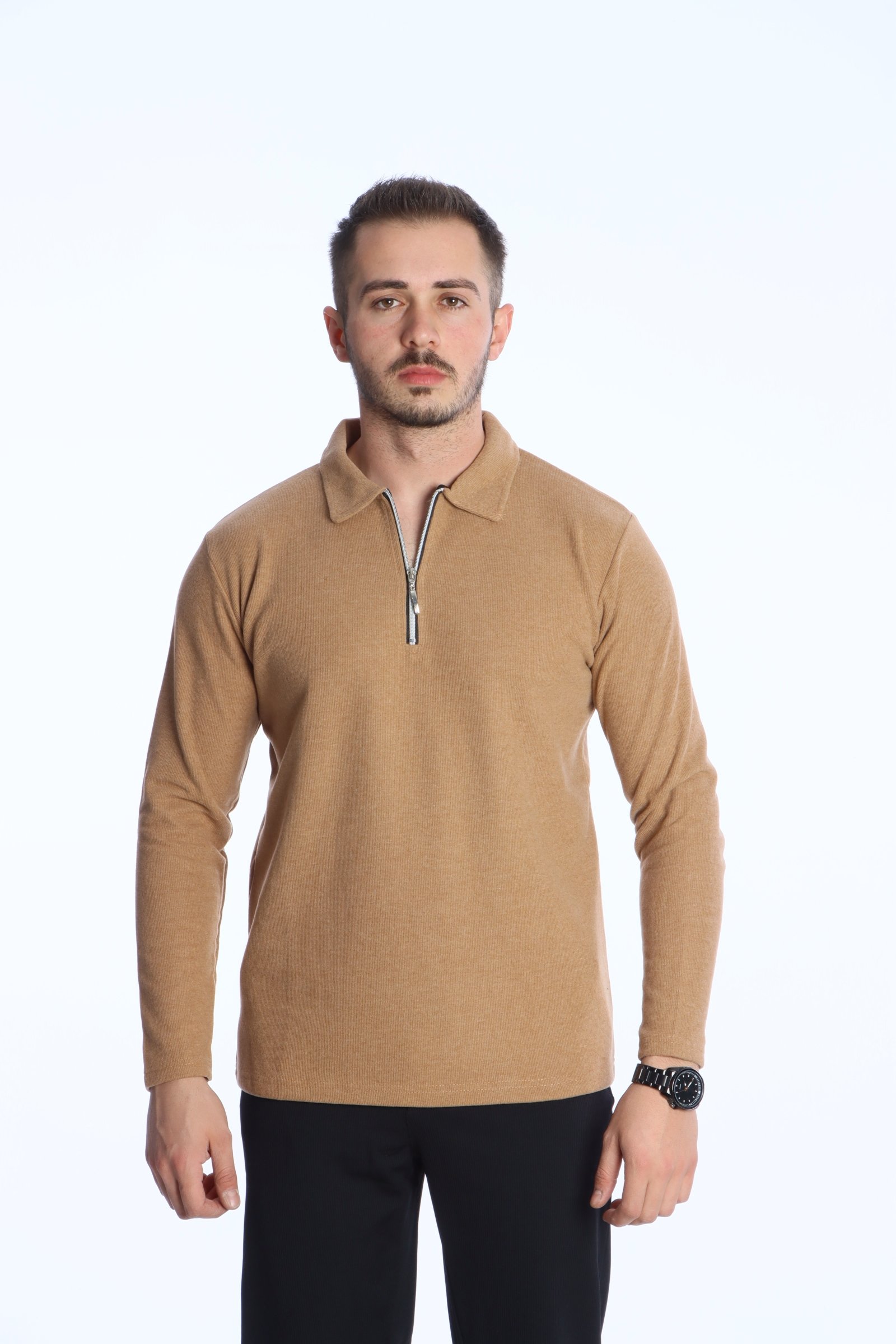 Yarım Fermuar Düz Selanik Sweat 026 Taba